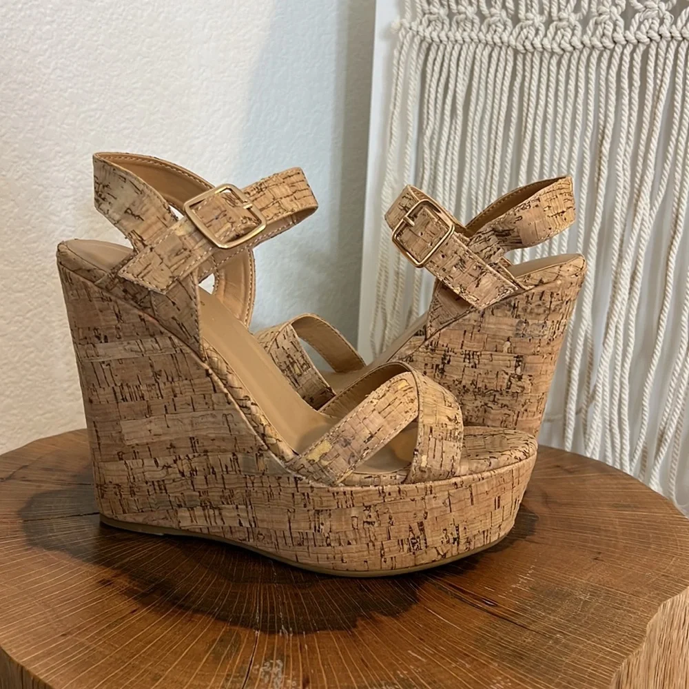 Cork Platform Wedge Sandals - Natural Tan